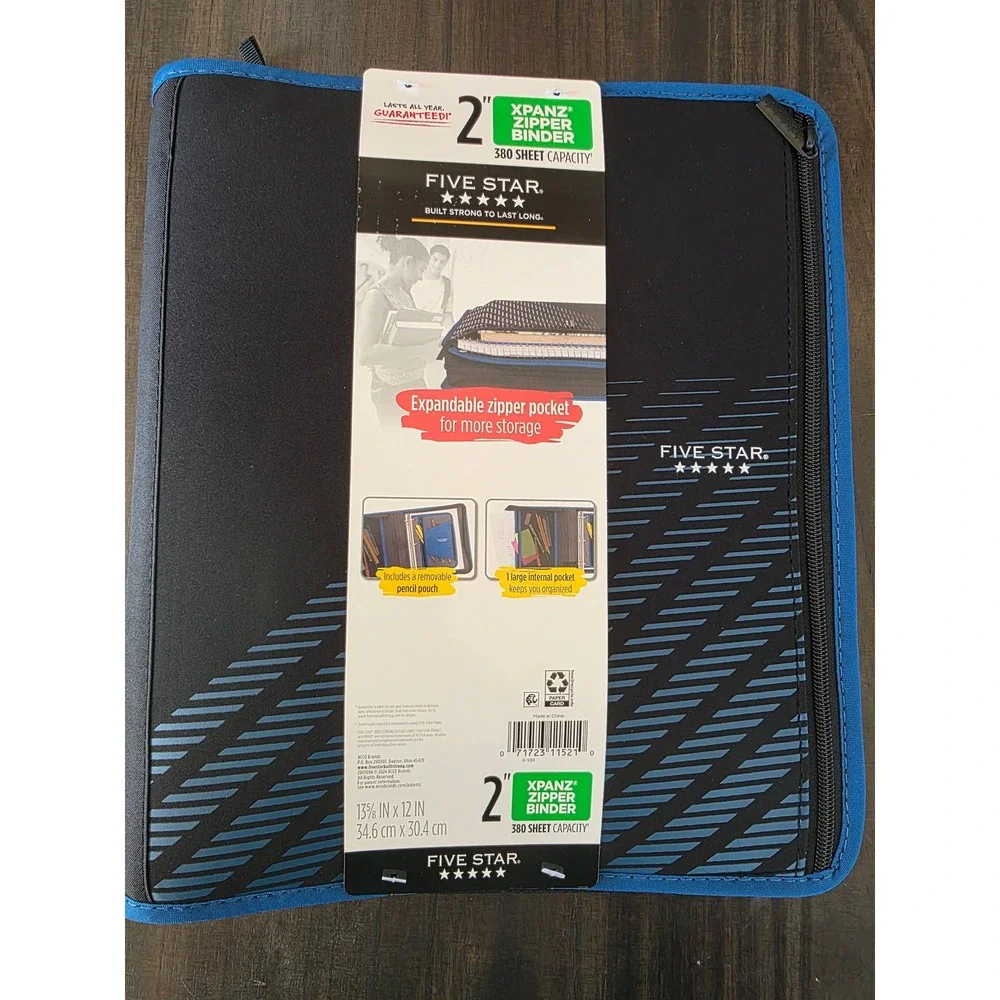 Five Star Xpanz 2 Inch Zipper Binder Black Blue 380 Sheet Capacity 71723-11521